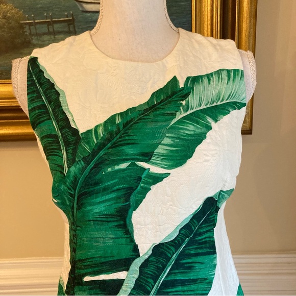 SOLD💕DOLCE & GABANNA White Green Damask Banana Leaf Sleeveless A Line Dress - Picture 3 of 13